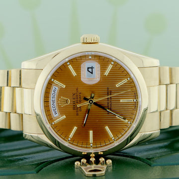 Rolex President Day-Date 18K Yellow Gold Brown Tapestry Dial 36MM Automatic Mens Watch 118208