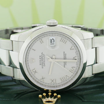 Rolex Datejust Rhodium Roman Dial 36MM Smooth Domed Bezel Oyster Stainless Steel Mens Watch 116200 Box Papers