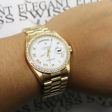 Rolex President Day-Date 18K Yellow Gold 36MM White Roman Dial Mens Automatic Watch 18038 w/Custom Diamond Bezel