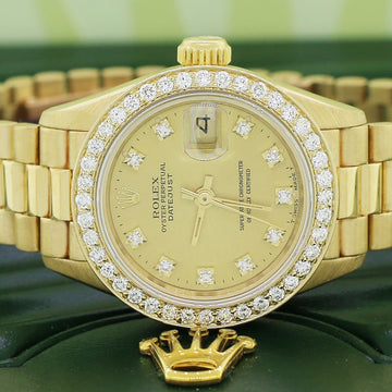 Rolex President Ladies 18K Yellow Gold 26MM Champagne Diamond Dial Watch 69178 w/Custom Diamond Bezel