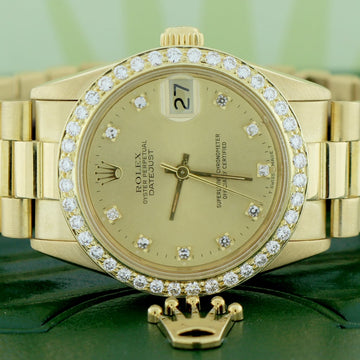 Rolex President Datejust Midsize 18K Yellow Gold Original Champagne Diamond Dial 31MM Automatic Watch 68278 w/Diamond Bezel