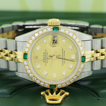 Rolex Datejust Ladies 2-Tone Gold/SS 26MM Champagne Dial Watch 69173 w/Diamond Bezel/ No Holes