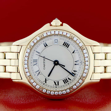 Cartier Cougar Date 18K Yellow Gold Original Diamond Bezel Silver Roman Dial 26MM Ladies Watch 887907