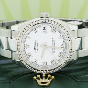 Rolex Datejust Midsize Ladies 31MM White Roman Dial Automatic Stainless Steel Watch 178240 w/ Diamond Bezel