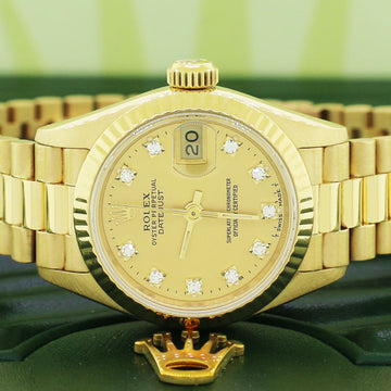 Rolex President Datejust Ladies 18K Yellow Gold 26MM Original Champagne Diamond Dial Automatic Watch 69178 w/ Box Papers