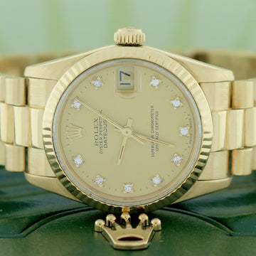 Rolex President Datejust Midsize 18K Yellow Gold Original Champagne Diamond Dial 31MM Automatic Watch 68278