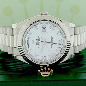 Rolex President Day-Date II 18K White Gold 41MM White Roman Dial Automatic Mens Watch 218239