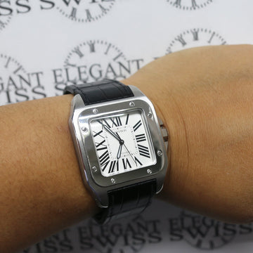 Cartier Santos 100 Large Silver Roman Dial Automatic Stainless Steel Mens Watch Box & Papers W20073X8