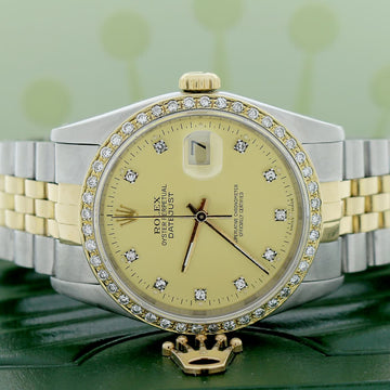 Rolex Datejust 2-Tone Yellow Gold/Steel Original Champagne Diamond Dial 36MM Automatic Jubilee Watch w/Diamond Bezel