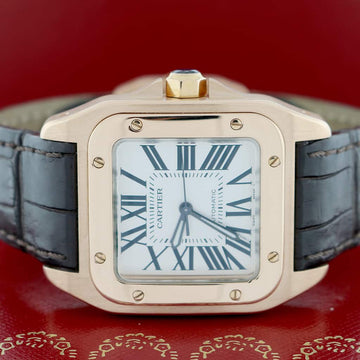 Cartier Santos 100 Midsize 18K Rose Gold Original Silver Roman Dial Automatic Watch W20108Y1