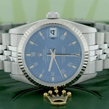 Rolex Datejust Midsize White Gold Fluted Bezel Blue Roman Dial 31mm Automatic Stainless Steel Jubilee Watch 68274
