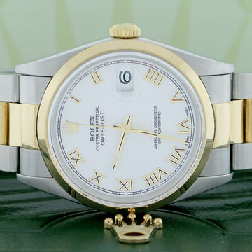Rolex Datejust 2-Tone 18K Yellow Gold/Stainless Steel White Roman Dial 36MM Mens Oyster Watch 16203
