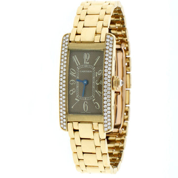 Cartier Tank Americaine 18K Yellow Gold Factory Diamond Bezel Chocolate Arabic Dial 19MM Ladies Watch 1710