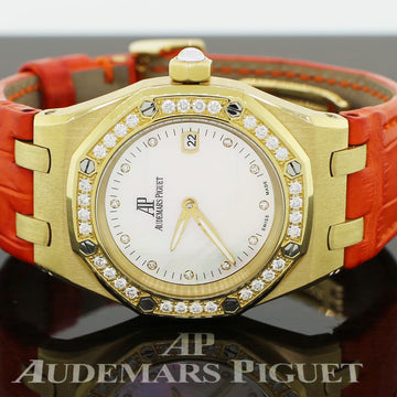 Audemars Piguet Royal Oak Lady 18K Yellow Gold Factory White MOP Diamond Dial Diamond Bezel 33mm Watch 67601BA.ZZ.D012CR.02 Box Papers