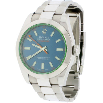 Rolex Milgauss 40mm Blue Stick Dial Green Crystal Automatic Stainless Steel Mens Oyster Watch 116400