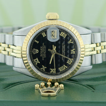 Rolex Datejust Ladies 2-Tone 18K Yellow Gold/Steel 26MM Original Black Pyramid Roman Dial Jubilee Watch 69173
