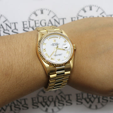 Rolex President Day-Date 18K Yellow Gold Original White Roman Dial Double Quick 36MM Automatic Mens Watch 18238