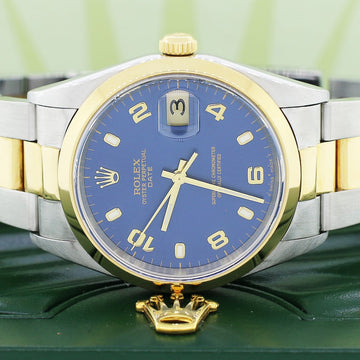 Rolex Oyster Perpetual Date 2-Tone 18K Yellow Gold/Stainless Steel 34MM Factory Blue Dial Oyster Watch 15203