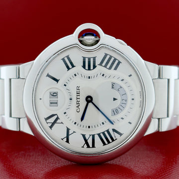 Cartier Ballon Bleu Two Timezone Mens 38MM Silver Roman Dial Stainless Steel Watch W6920011