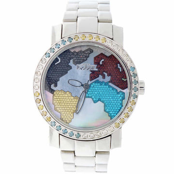 Freeze World Map Mother of Pearl Dial Diamond Bezel 49MM Stainless Steel Mens Watch