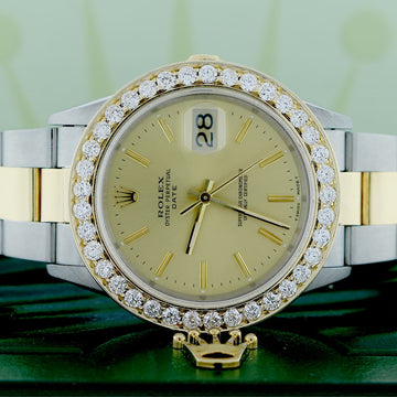 Rolex Date 2-Tone 18K Yellow Gold/Stainless Steel 34MM Original Champagne Index Dial Oyster Watch w/Diamond Bezel