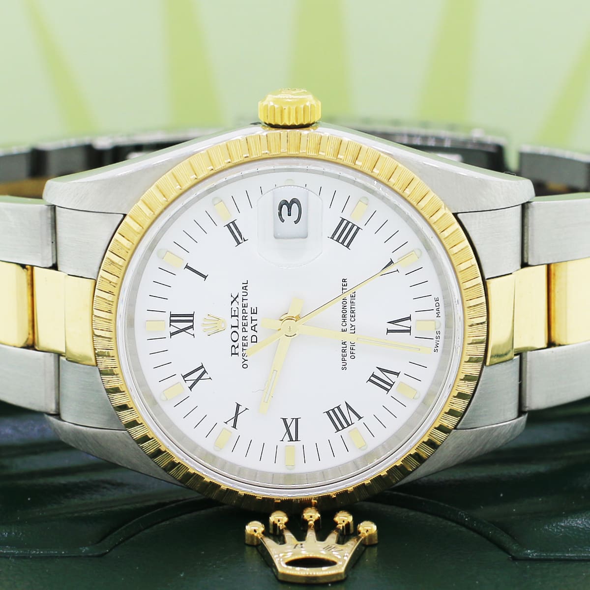 Rolex Oyster Perpetual Date 2 Tone 18K Yellow Gold Stainless Steel 34MM Factory White Roman Dial Watch 15223