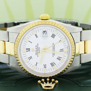Rolex Oyster Perpetual Date 2-Tone 18K Yellow Gold/Stainless Steel 34MM Factory White Roman Dial Watch 15223