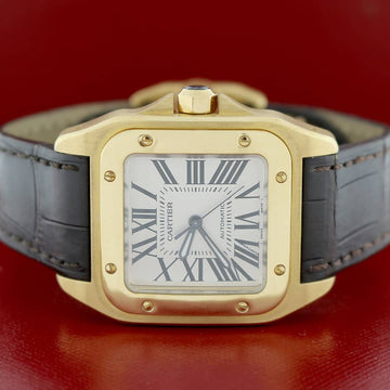 Cartier Santos 100 Midsize 18K Yellow Gold Silver Roman Dial Automatic Watch 2880