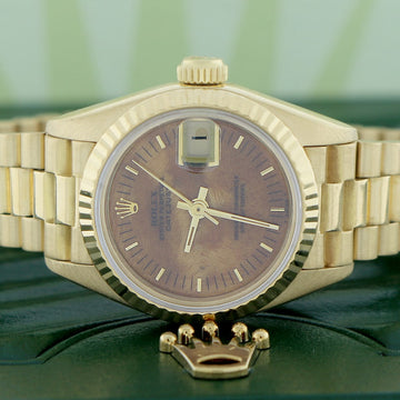 Rolex President Datejust Ladies 18K Yellow Gold 26MM Original Wooden Dial Automatic Watch 69178