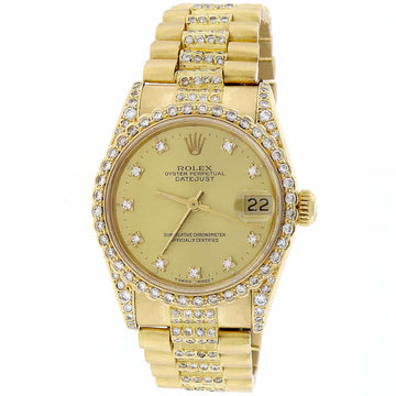Rolex President Datejust Midsize 18K Yellow Gold Original Champagne Diamond Dial 31MM Automatic Watch w/Diamond Bezel & Bracelet