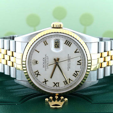 Rolex Datejust 2-Tone 18K Yellow Gold/Stainless Steel Original Ivory Pyramid Roman Dial 34MM Automatic Watch 16233