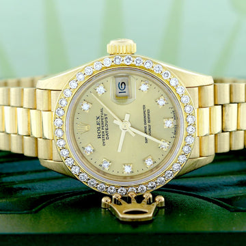 Rolex President Datejust Ladies Original Champagne Diamond Dial 18K Yellow Gold 26MM Watch w/Diamond Bezel 69178