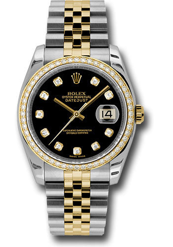 Rolex Steel and Yellow Gold Rolesor Datejust 36 Watch - 52 Brilliant-Cut Diamond Bezel - Black Diamond Dial - Jubilee Bracelet - 116243 bkdj