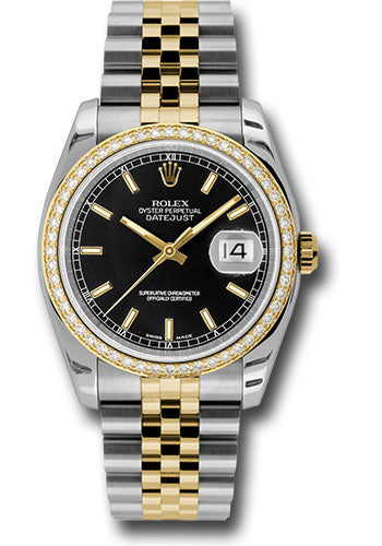 Rolex Steel and Yellow Gold Rolesor Datejust 36 Watch - 52 Brilliant-Cut Diamond Bezel - Black Index Dial - Jubilee Bracelet - 116243 bkij