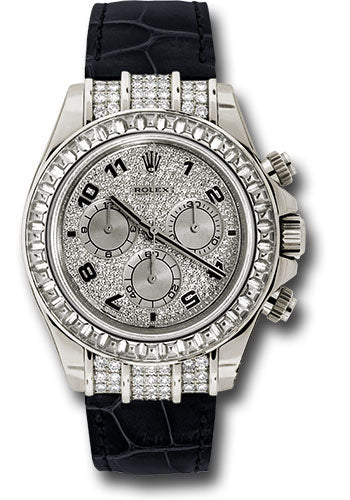 Rolex White Gold Cosmograph Daytona 40 Watch - Pave Diamond Enamel Arabic Dial - Black Leather Strap - 116599TBR
