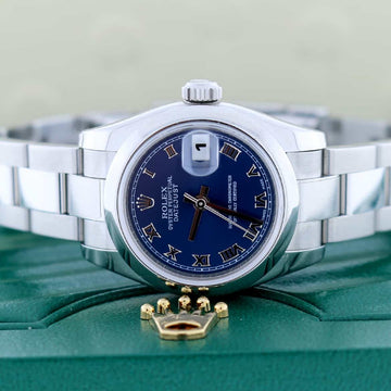 Rolex Datejust Ladies Blue Roman Dial 26MM Domed Bezel Automatic Stainless Steel Oyster Watch 179160