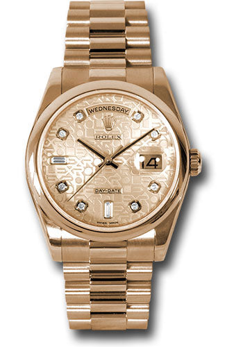 Rolex Pink Gold Day-Date 36 Watch - Domed Bezel - Pink Champagne Jubilee Diamond Dial - President Bracelet - 118205 chjdp