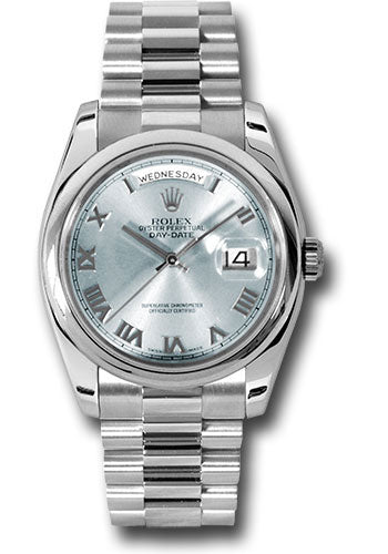 Rolex Platinum Day-Date 36 Watch - Domed Bezel - Glacier Blue Roman Dial - President Bracelet - 118206 glarp