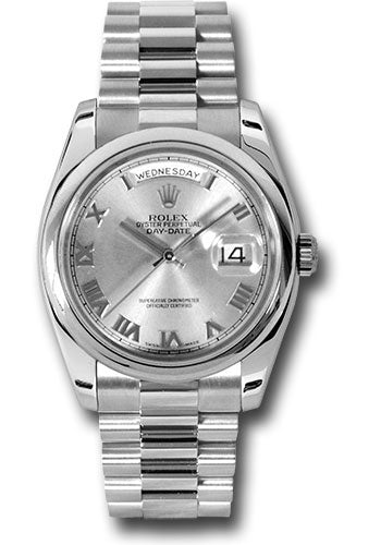Rolex Platinum Day-Date 36 Watch - Domed Bezel - Rhodium Roman Dial - President Bracelet - 118206 grp