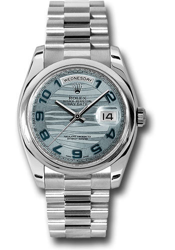 Rolex Platinum Day-Date 36 Watch - Domed Bezel - Ice Blue Wave Arabic Dial - President Bracelet - 118206 glawap