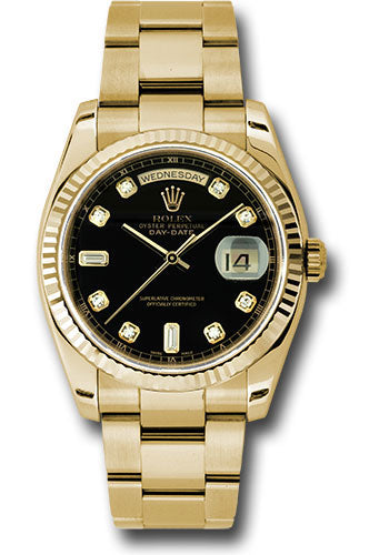 Rolex Yellow Gold Day-Date 36 Watch - Fluted Bezel - Black Diamond Dial - Oyster Bracelet - 118238 bkdo