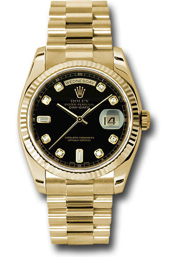 Rolex Yellow Gold Day-Date 36 Watch - Fluted Bezel - Black Diamond Dial - President Bracelet - 118238 bkdp