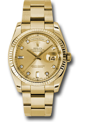 Rolex Yellow Gold Day-Date 36 Watch - Fluted Bezel - Champagne Diamond Dial - Oyster Bracelet - 118238 chdo