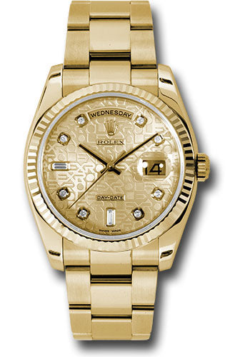 Rolex Yellow Gold Day-Date 36 Watch - Fluted Bezel - Champagne Jubilee Diamond Dial - Oyster Bracelet - 118238 chjdo