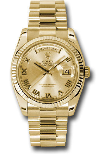 Rolex Yellow Gold Day-Date 36 Watch - Fluted Bezel - Champagne Roman Dial - President Bracelet - 118238 chrp