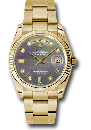 Rolex Yellow Gold Day-Date 36 Watch - Fluted Bezel - Dark Mother-Of-Pearl Diamond Dial - Oyster Bracelet - 118238 dkmdo