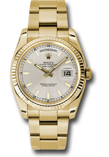 Rolex Yellow Gold Day-Date 36 Watch - Fluted Bezel - Silver Index Dial - Oyster Bracelet - 118238 sio