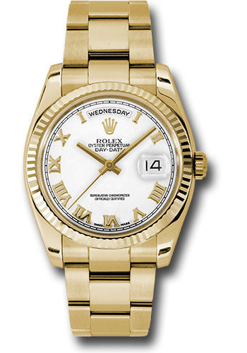 Rolex Yellow Gold Day-Date 36 Watch - Fluted Bezel - White Roman Dial - Oyster Bracelet - 118238 wro