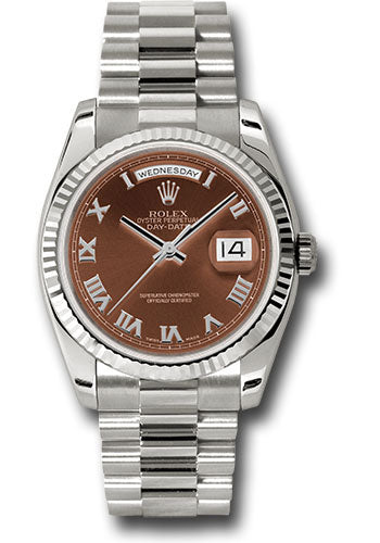 Rolex White Gold Day-Date 36 Watch - Fluted Bezel - Havana Brown Index Dial - President Bracelet - 118239 hrp