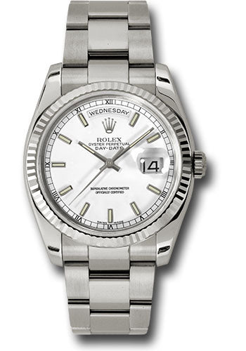Rolex White Gold Day-Date 36 Watch - Fluted Bezel - White Index Dial - Oyster Bracelet - 118239 wso